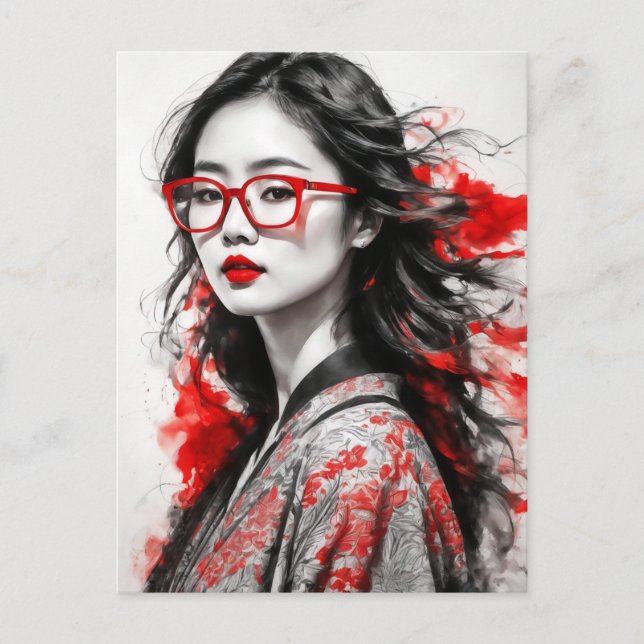 Black White Asian Woman Woman Drawing Postcard (Front)
