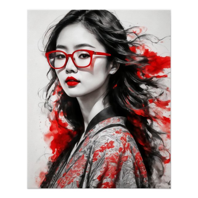 Black White Asian Woman Woman Drawing Poster (Front)
