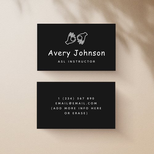 Black  White ASL Instructor Sign Language Teacher Business Card