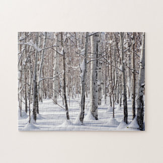 Black & White Aspen Tree Trunks & Snow Photo Jigsaw Puzzle
