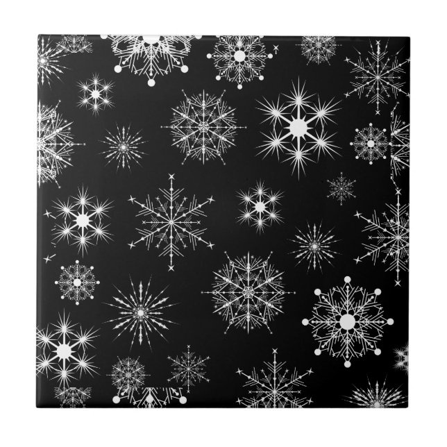 Black & White Assorted Christmas Snowflakes Ceramic Tile (Front)