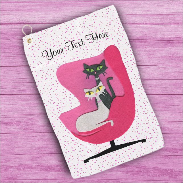 Black White Atomic Cats Sitting in Chair Pink Dots Golf Towel (Black White pretty cats in pink mid century chair on white with pink dots golf towel.)