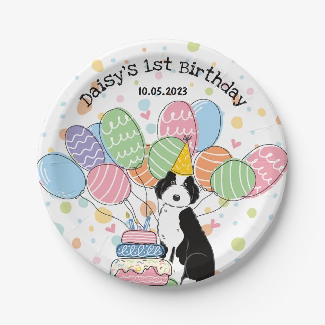 Black White Aussiedoodle Birthday Paper Plates (Front)