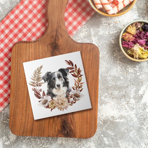 Black White Australian Shepherd Dog Autumn Wreath Ceramic Tile