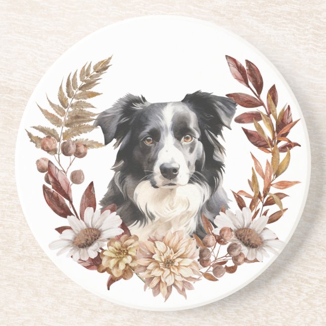 Black White Australian Shepherd Dog Autumn Wreath Coaster (Front)