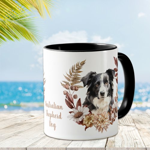 Black White Australian Shepherd Dog Autumn Wreath Mug