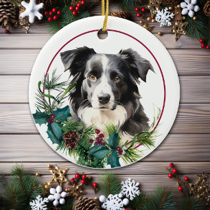 Black White Australian Shepherd Evergreen Wreath Ceramic Ornament