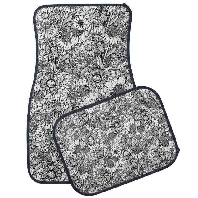 Black & White Australian Wildflower Garden Car Floor Mat (Set)