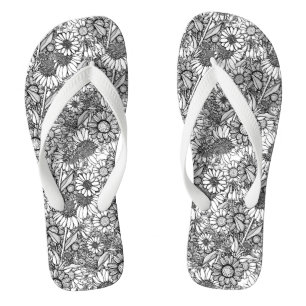 Black & White Australian Wildflower Garden Flip Flops
