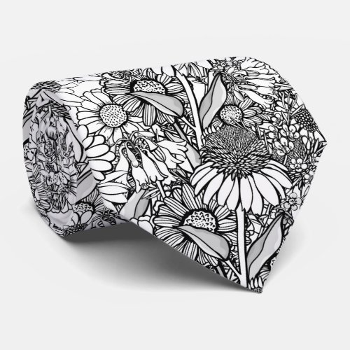 Black  White Australian Wildflower Garden Neck Tie