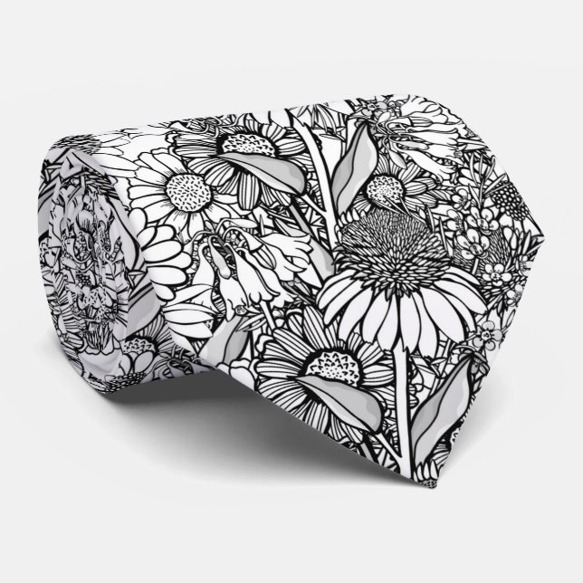 Black & White Australian Wildflower Garden Neck Tie (Rolled)