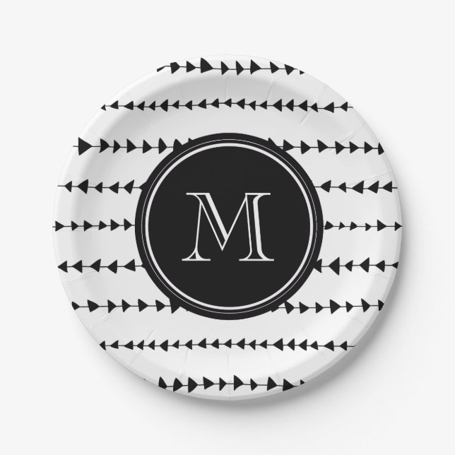 Black White Aztec Arrows Monogram Paper Plates (Front)