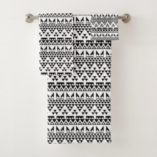 Aztec White on Black Mixed Motifs Pattern Bath Towel Set