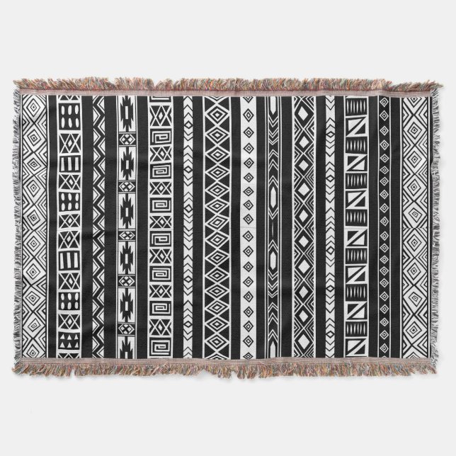 Black White Aztec Tribal Ethnic Geometric Pattern Throw Blanket (Front)