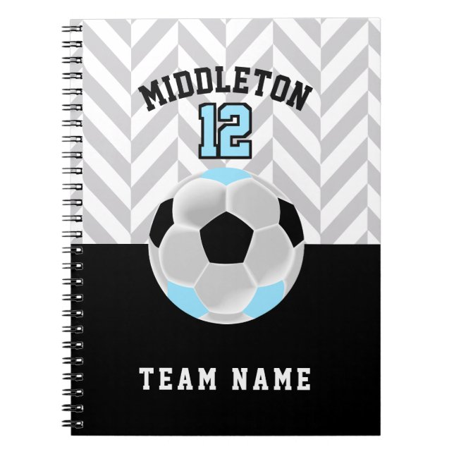 Black, White & Baby Blue Soccer Ball - Personalize Notebook (Front)