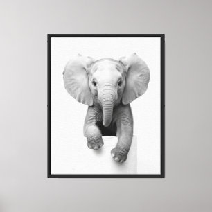 Black White Baby Elephant Peeks Over Toilet Paper Canvas Print