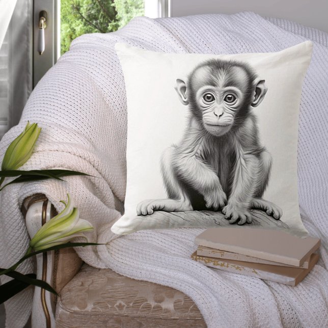 Black & White Baby Monkey Square Throw Pillow (Creator Uploaded)