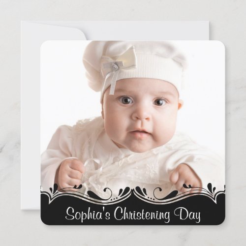 Black White Baby Photo Christening Custom Invitations
