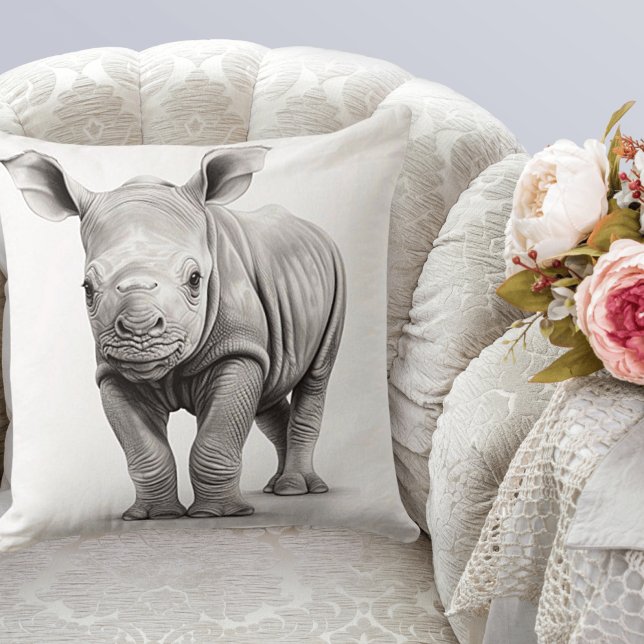 Black & White Baby Rhinoceros Square Throw Pillow (Creator Uploaded)