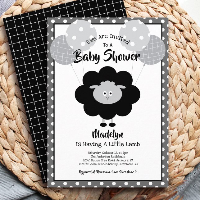 Black White Baby Shower Lamb Balloons Cute Modern Invitation (Creator Uploaded)