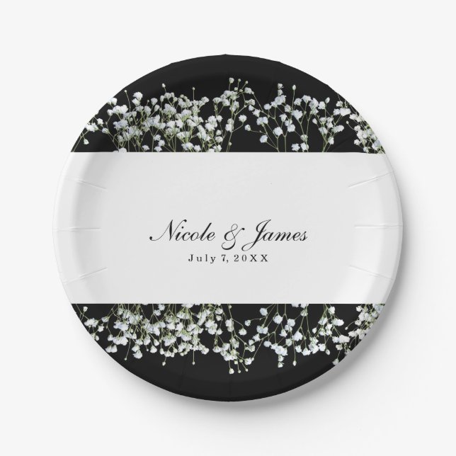 Black & White Babys Breath Floral Wedding Plates (Front)
