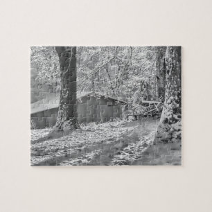 Black & White Backlit Rural Snow Scene Photography Jigsaw Puzzle