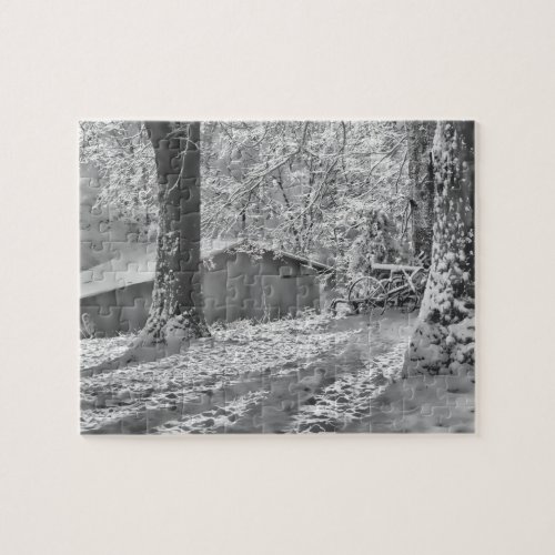 Black  White Backlit Rural Snow Scene Photography Jigsaw Puzzle