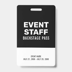 Black & White Backstage Pass Event Staff Black ID Badge