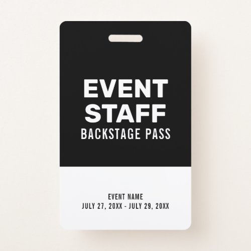 Black  White Backstage Pass Event Staff Black ID Badge