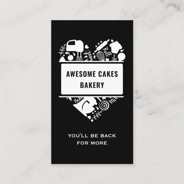 Black White Baker Bakery Cakes Cookies Pastry Chef Business Card (Front)