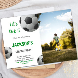 Black & White Ball with Green Text Soccer Photo Invitation