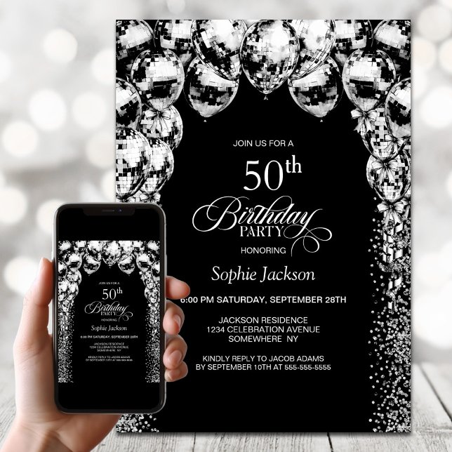 Black White Balloons 50th Birthday Party Invitation (Creator Uploaded)
