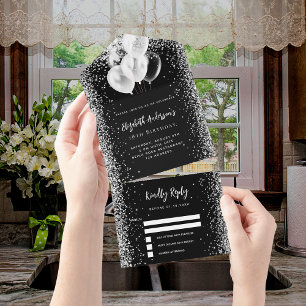 Black white balloons glitter birthday rsvp all in one invitation