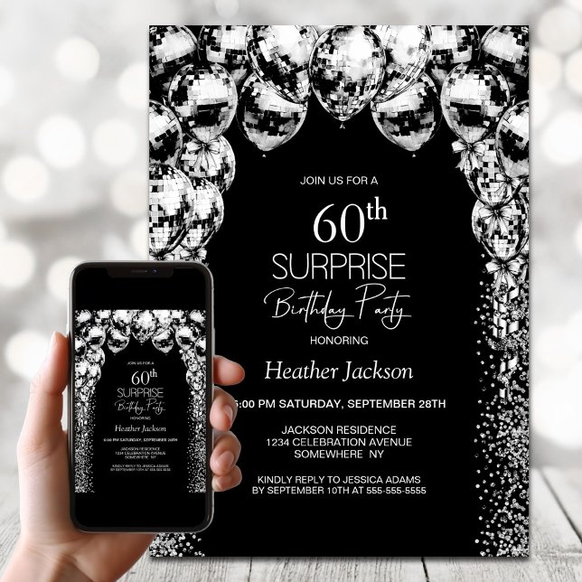 Black White Balloons Surprise 60th Birthday Party Invitation (Creator Uploaded)