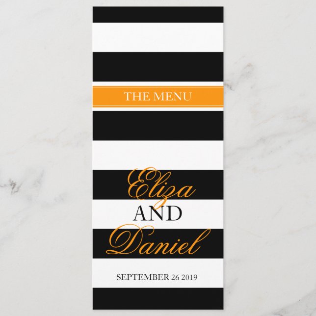 Black & white banded orange wedding dinner menu (Front)