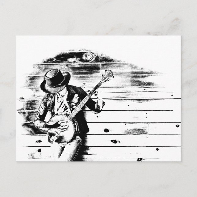 Black & White Banjo Man Post Card (Front)