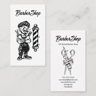 Black White Barber Mascot Hair Stylist Cut Shave Business Card