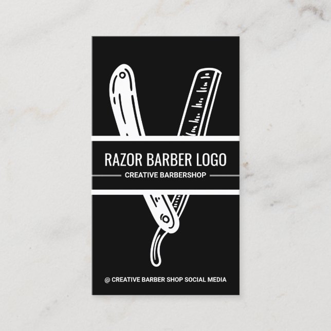 Black White Barber Shop Razor Business Card (Front)