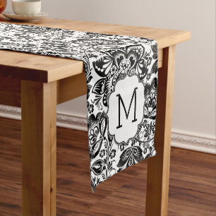 Black & White Baroque Damasks Monogram Medium Table Runner