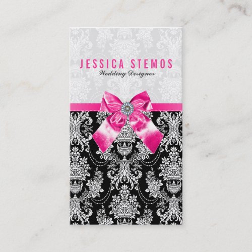 Black  White Baroque Damasks With Pink Bow Business Card