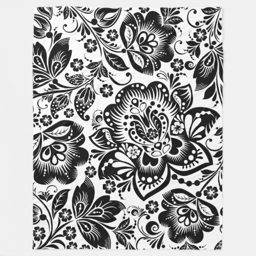 Black  White Baroque Floral Pattern Fleece Blanket