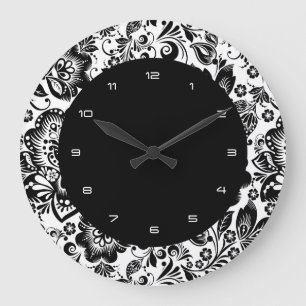 Black & White Baroque Flowers Pattern Large Clock