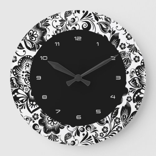 Black  White Baroque Flowers Pattern Large Clock