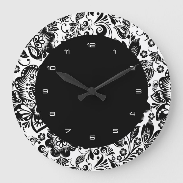 Black & White Baroque Flowers Pattern Large Clock (Front)