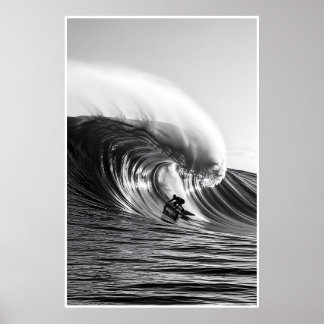Black & White Barrel Wave Photo – Dramatic Ocean Poster