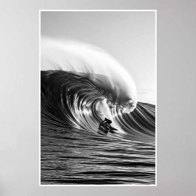 Black & White Barrel Wave Photo – Dramatic Ocean Poster (Front)