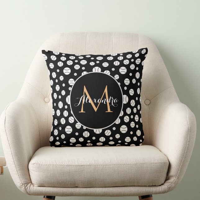 Black & White Baseball Monogram Personalized Name Throw Pillow (Creator Uploaded)