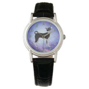 Black & White Basenji Dog & Blue Universe  Watch