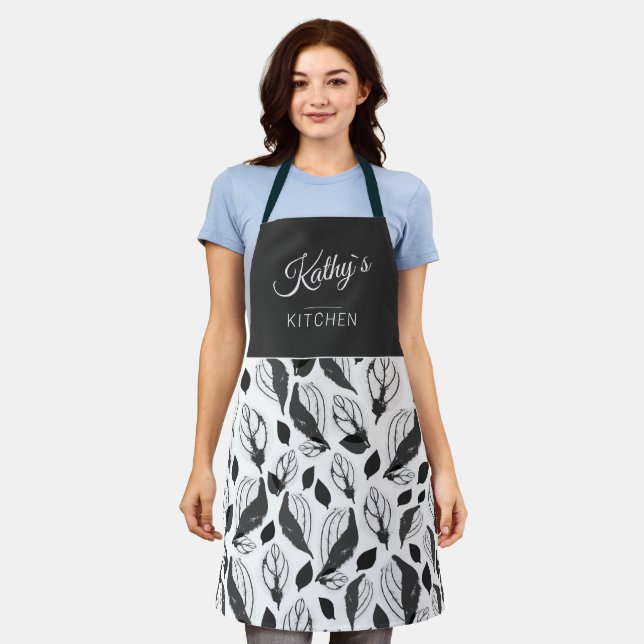 Black White Basil Herb Leaf Pattern Botanical Name Apron (Worn)