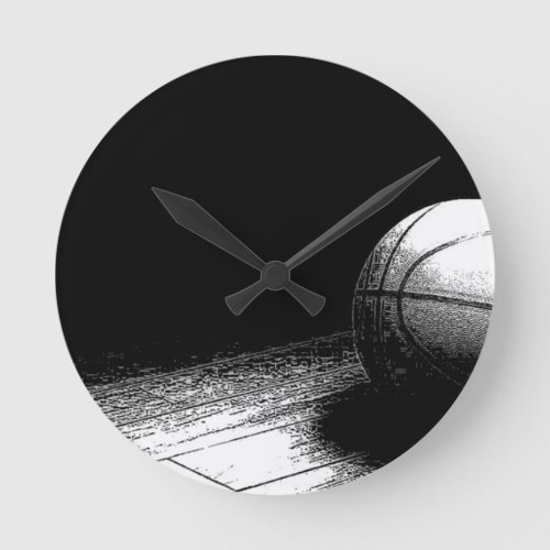 Black White Basketball Art Round Clock